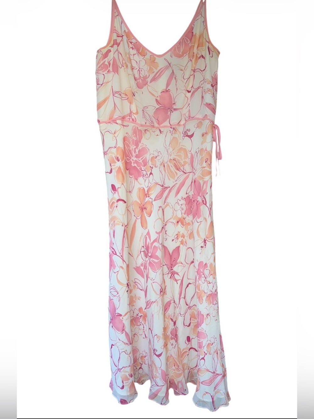 Ann Taylor Cream Floral Silk Dress with Pink & Peach Blooms